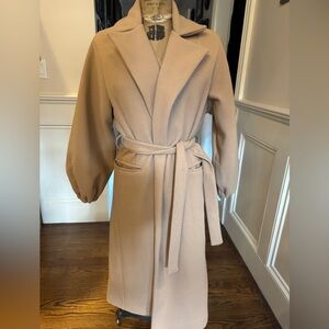 Women's camel color belted coat, puff sleeve , size3(10)